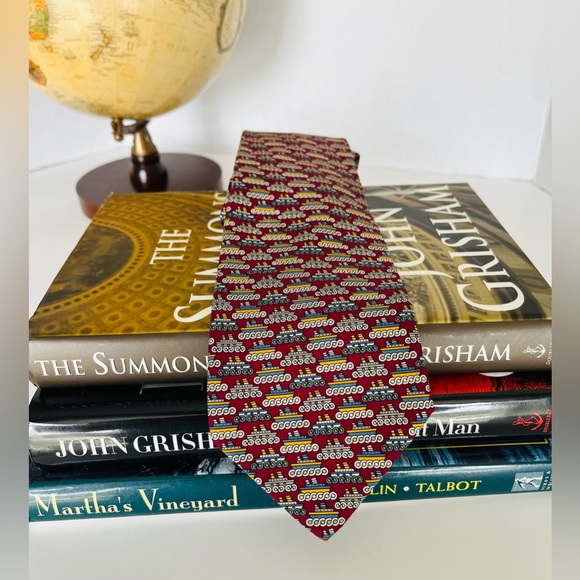 Salvatore Ferragamo Other - SALVATORE FERRAGAMO Silk Necktie “Tug Boat” Print Tipped Burgundy Gray 58.5x3.5